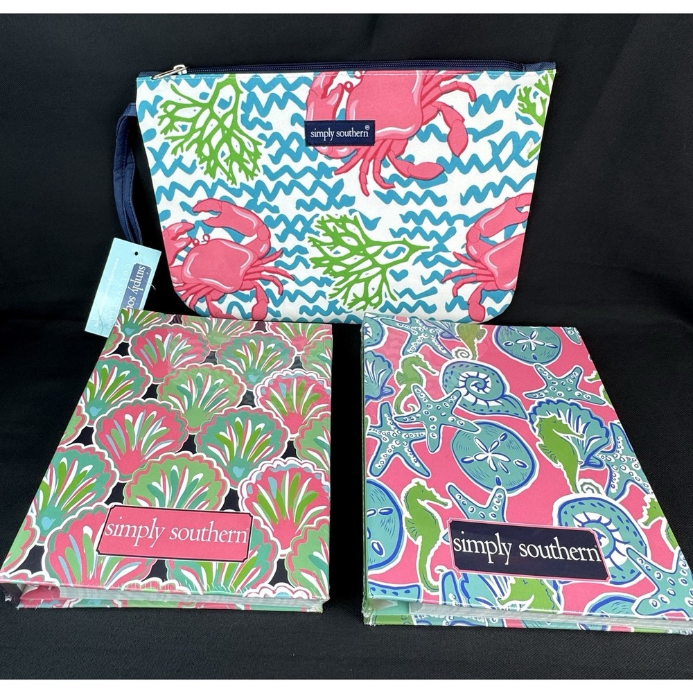 Simply Southern Zipper Pouch Bag & 2 Small Notebook Binder Pink Lime Green Blue